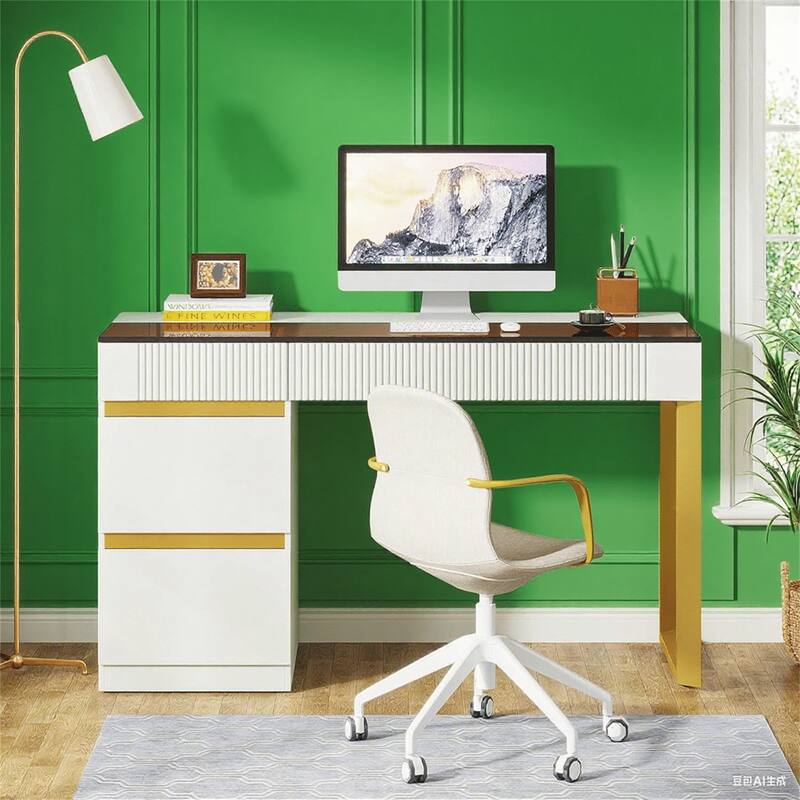 Tinted Glass Computer Desk with 4 Drawers