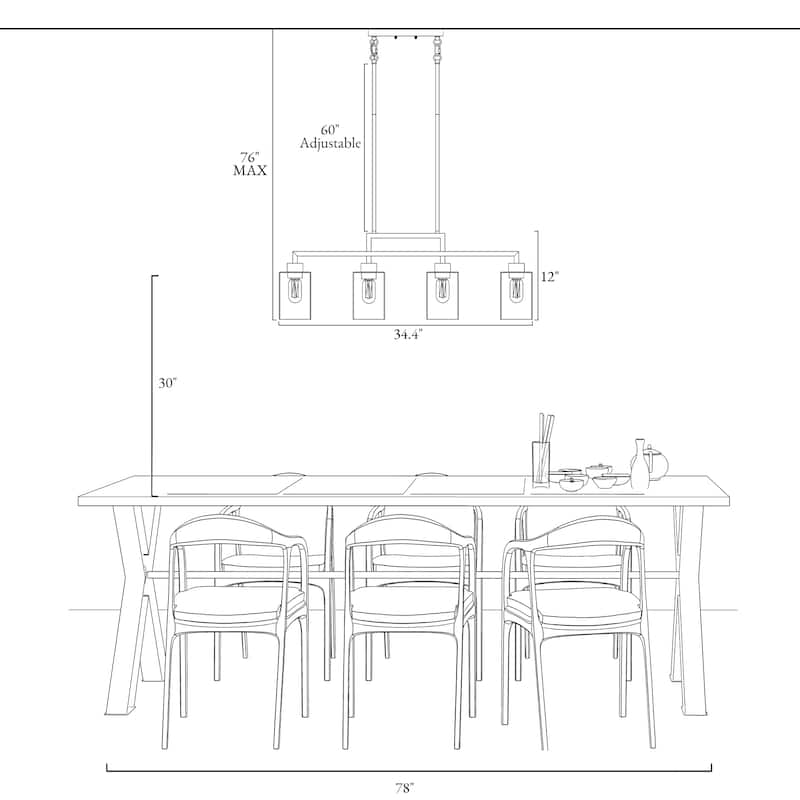 Mid-Century Modern 4-Light Black Chandelier Glass Island Lights for Dining Room - L 34.4" x D 4.3" x H 12"