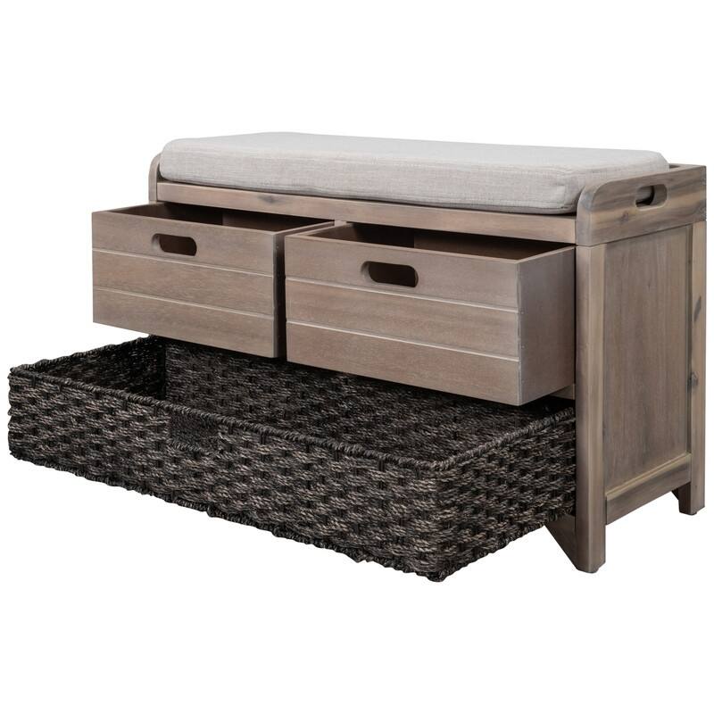 Grondin Retro Framhouse Style Entry Storage Shoe Bench with Padded Cushion, 2 Drawers and Removable Basket