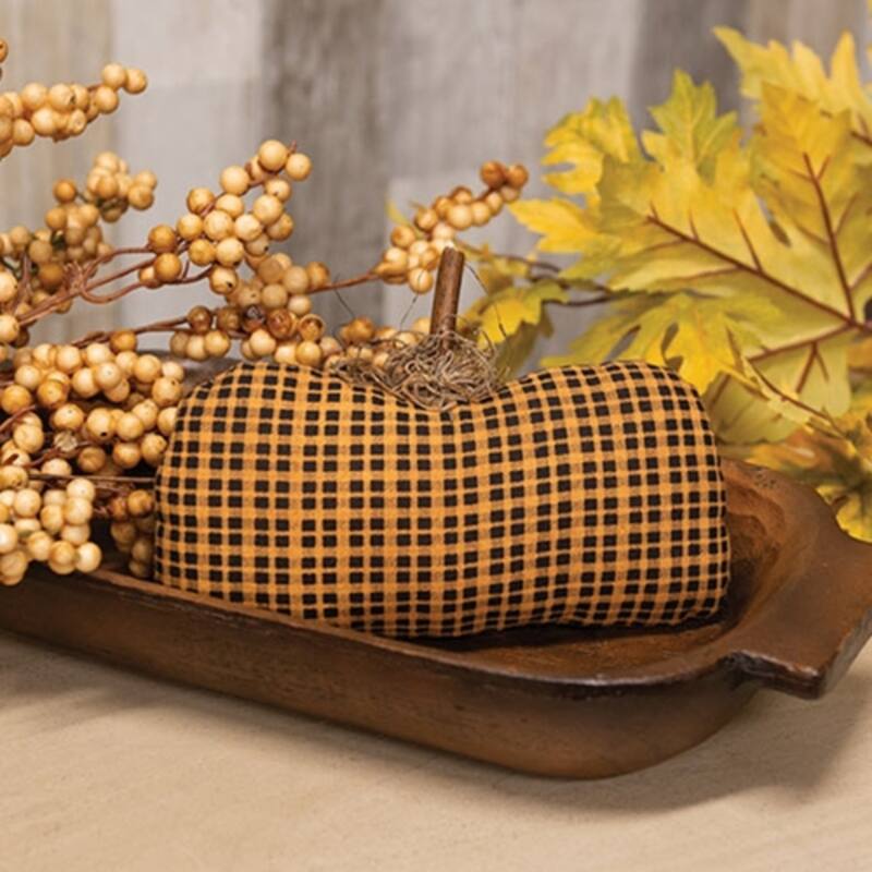 Stuffed Orange & Black Mini Check Long Primitive Pumpkin Sitter - 7" x 1.50" x 5"