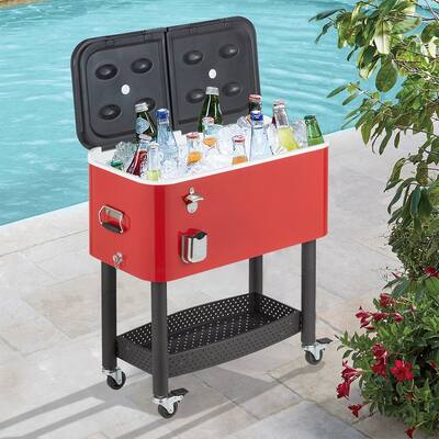 Erommy 80 Quart Rolling Cooler Cart Ice Chest with Shelf and Wheels