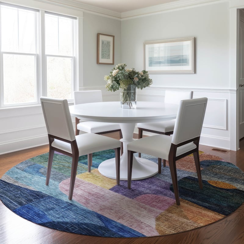 Machine Washable Indoor/ Outdoor Abstract Contemporary Chantille Rug - Blue - 8' x 8'