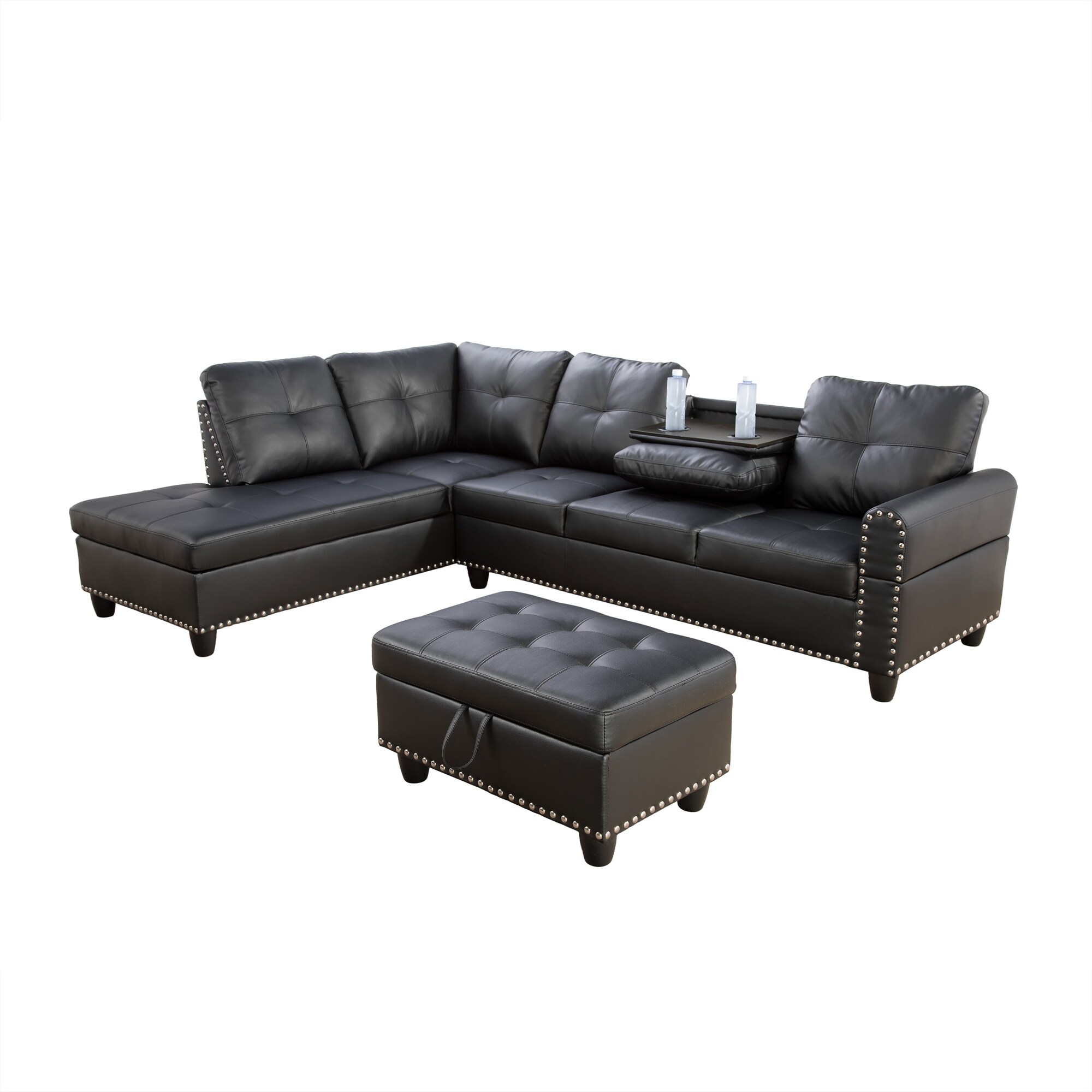 Left Facing Black Faux Leather Sectional Sofa with Drop Down Table