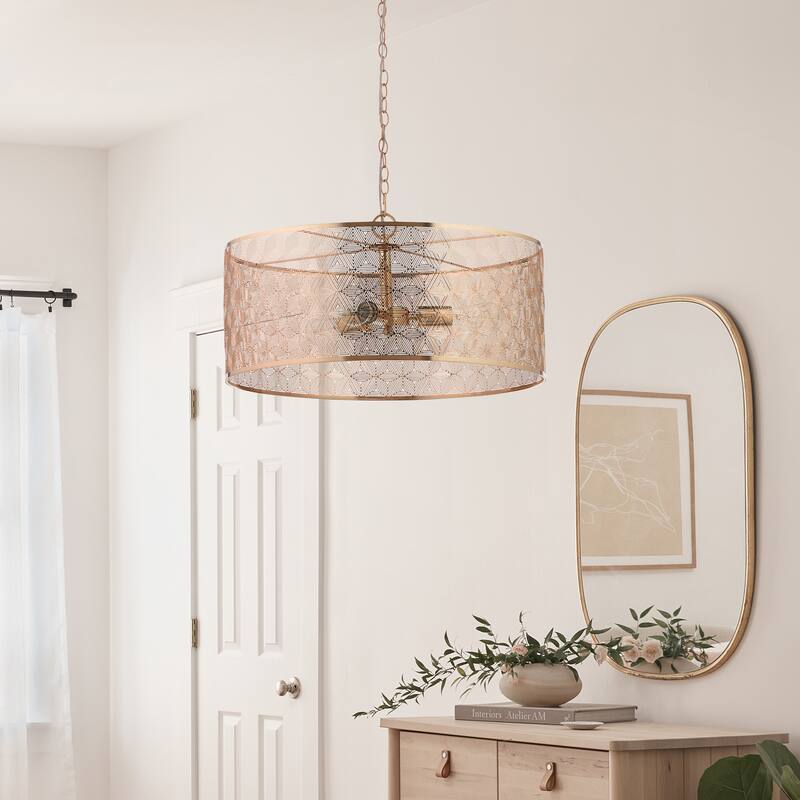 Haileigh River of Goods Gold Metal Drum-Shade Hanging Chandelier - 23.625" x 23.625" x 16/63"