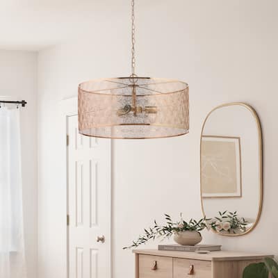 Haileigh River of Goods Gold Metal Drum-Shade Hanging Chandelier - 23.625" x 23.625" x 16/63"
