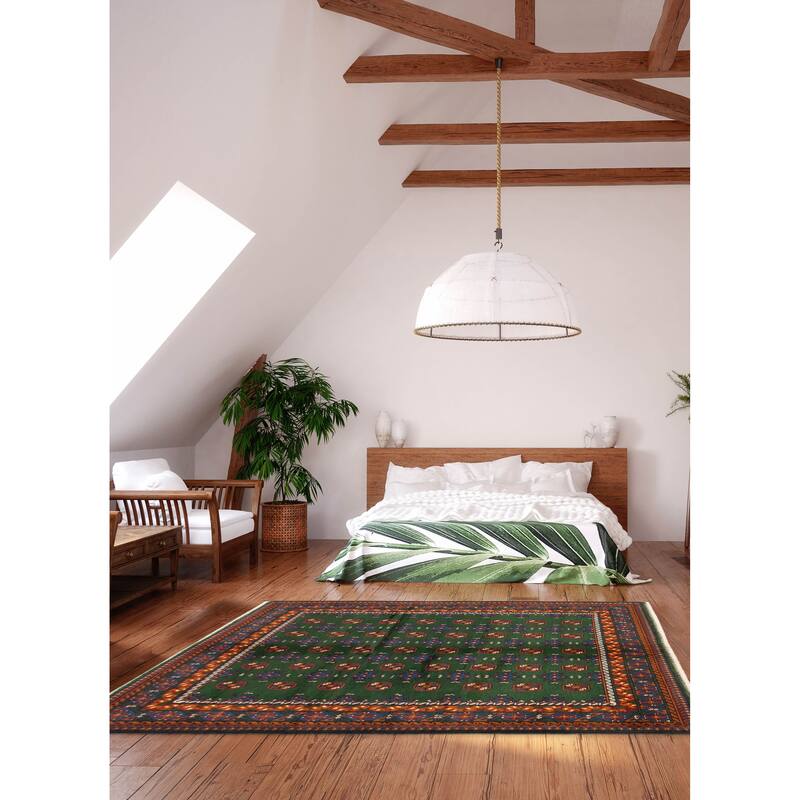 ECARPETGALLERY Hand-knotted Uzbek Kargahi Green Wool Rug - 4'10 x 6'4