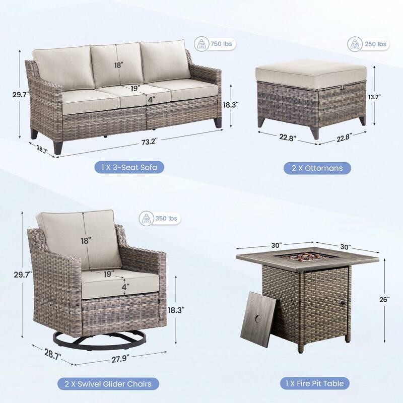 Pocassy Outdoor Swivel Chair with Sofa with Fire Pit Table