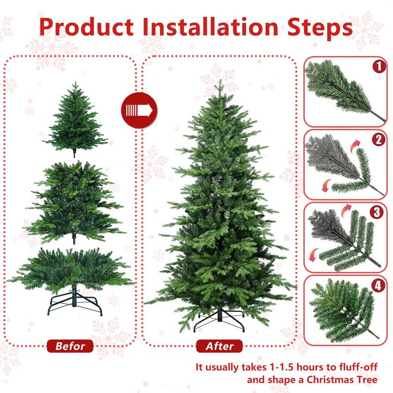 Green Artificial Christmas Tree - PVC+PE Mixed Needles, Hinged Branches, Metal Stand, Easy Assembly