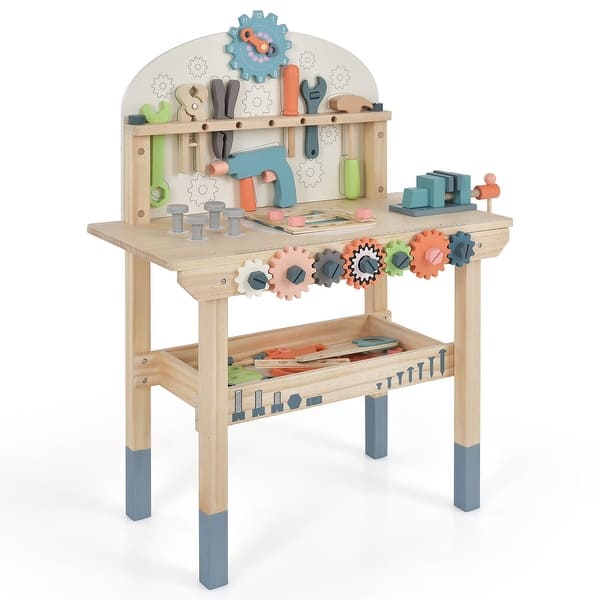 slide 2 of 10, Gymax Kids Play Tool Workbench Wooden Tool Bench w/ Rich Accessories Multi