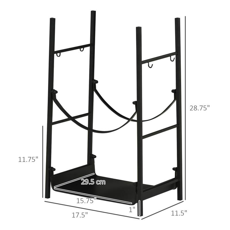 Outsunny 18" 2-Tier Firewood Log Wood Storage Rack with Shovel, Broom, Poker, Tongs and Hooks, for Fireplaces, Black