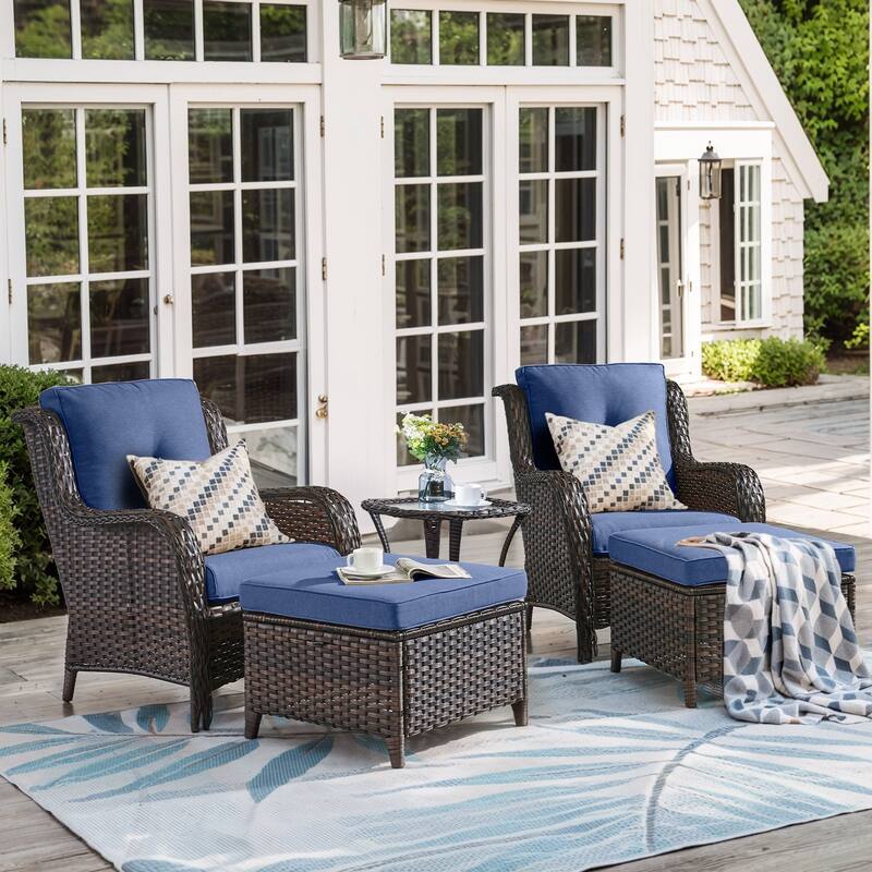 Outdoor Rattan Chair with Coffee Table and Ottoman - 5PCS - Patio Chair w/ Ottoman Table - Brown Rattan - Blue Cushion