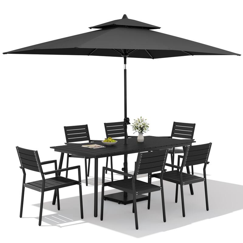 9PC Outdoor Patio Dining Set Aluminum Table with Stackable Armchairs w/ Premium Market Umbrella Sets