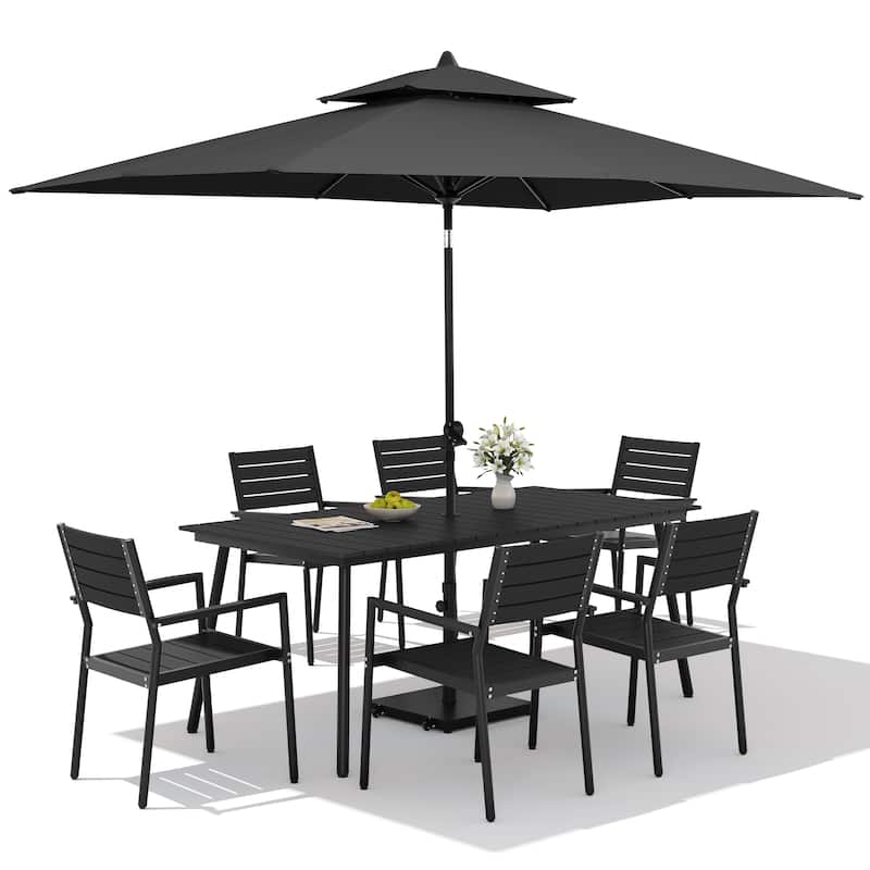9PC Outdoor Patio Dining Set Wood-Like Aluminum Table with Stackable Armchairs,Double Top Market Umbrella and Wheel Base