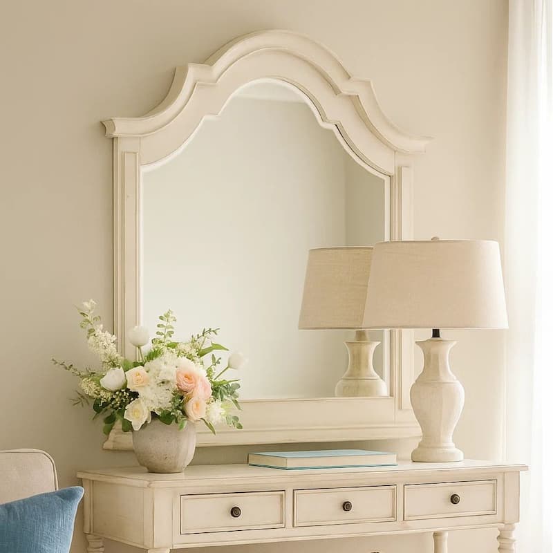 Maia 43 x 46 Dresser Mirror with Curved Top, Poplar and Oak, Antique White