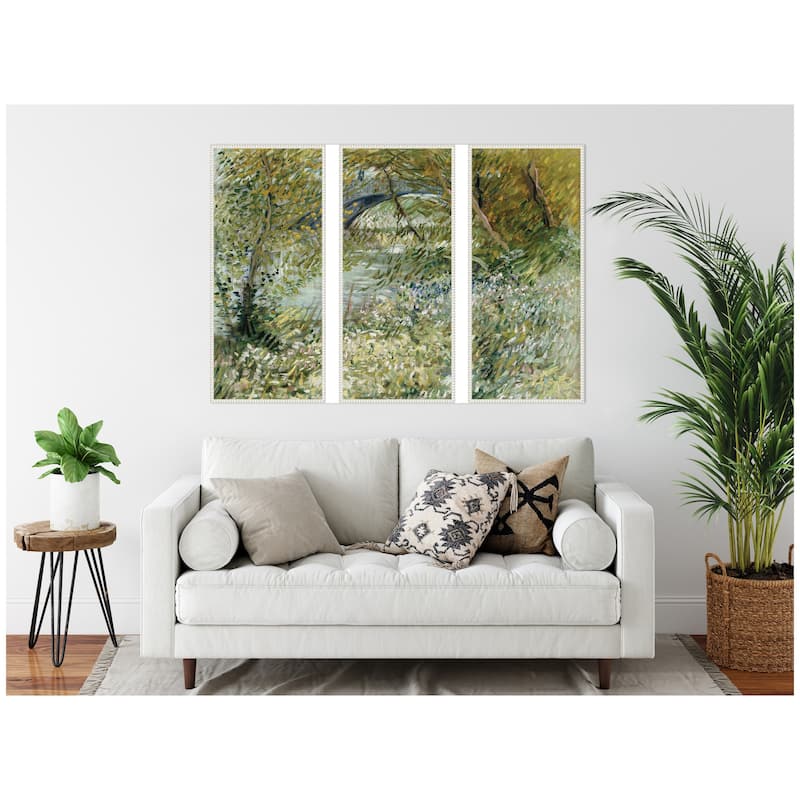 Kate and Laurel Vincent van Gogh River Bank in Springtime 1887 3 Piece Framed Canvas Wall Art Set by Nostalgia Prints