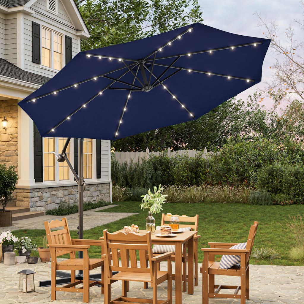 10Ft LED Patio Offset Umbrella Hanging Circle Umbrellas,w/Cross Base