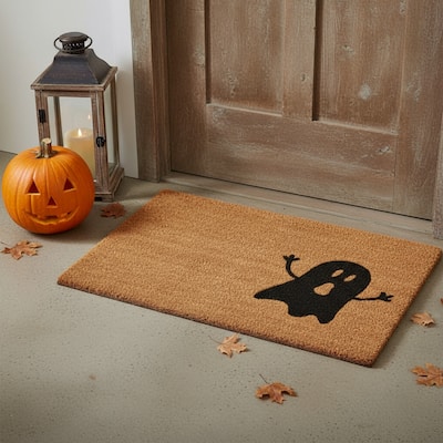 HomeRoots 17" X 29" Natural And Brown Spooky Ghost Halloween Outdoor Coir Door Mat - 17.00' X '29.00