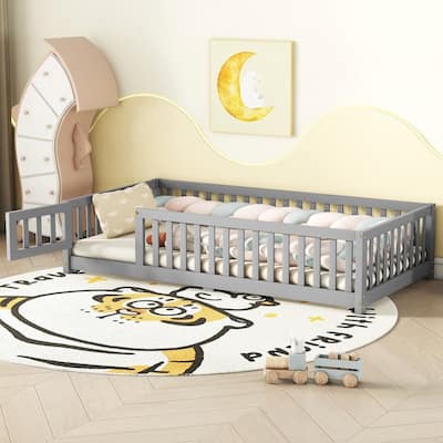 Twin Size Floor Bed with Safety Guardrails and Door, for Kids