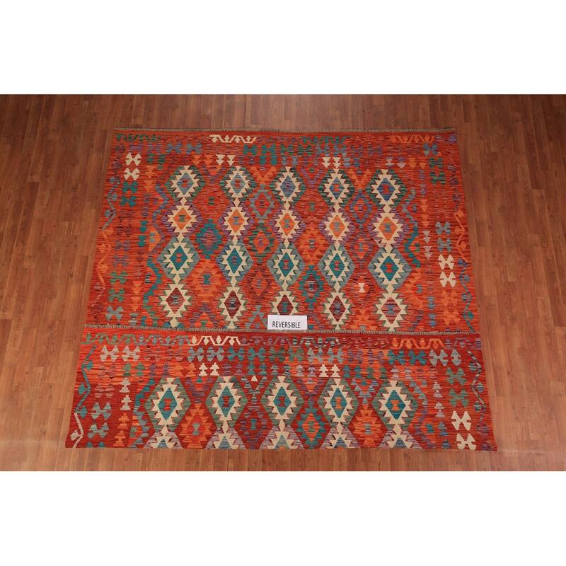 Reversible Orange Kilim Oriental Area Rug Hand-Woven Wool Carpet - 8'3" x 9'9"