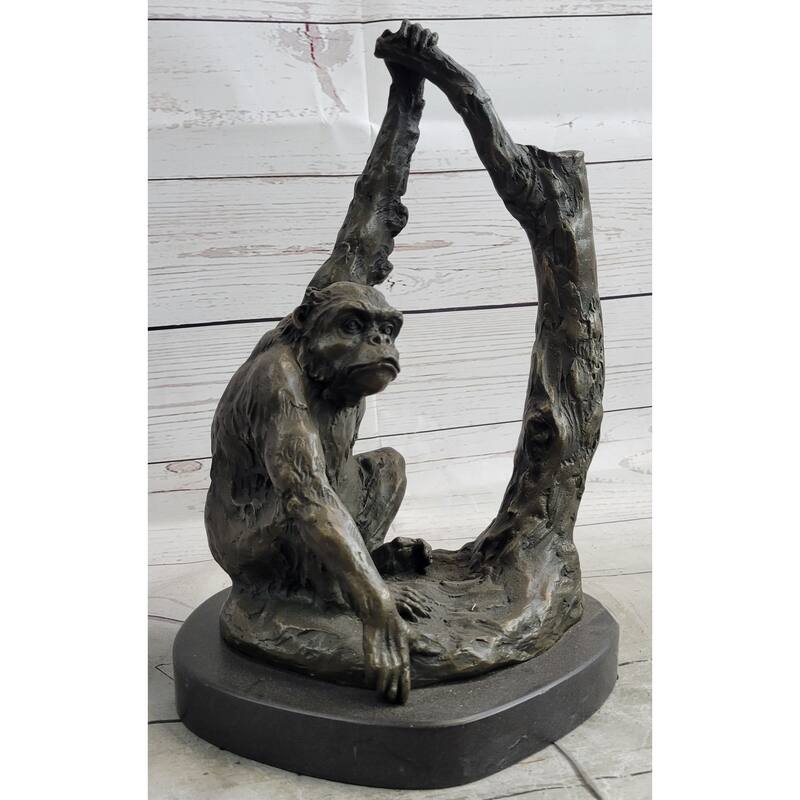 Chimpanzee Ape Chimp Imitative Gorilla Monkey Bronze Sculpture Statue Figure Marble Base