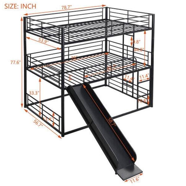 Heavy Duty Triple Bunk Beds Slide Metal Bed Frames Bedroom Twin Black ...