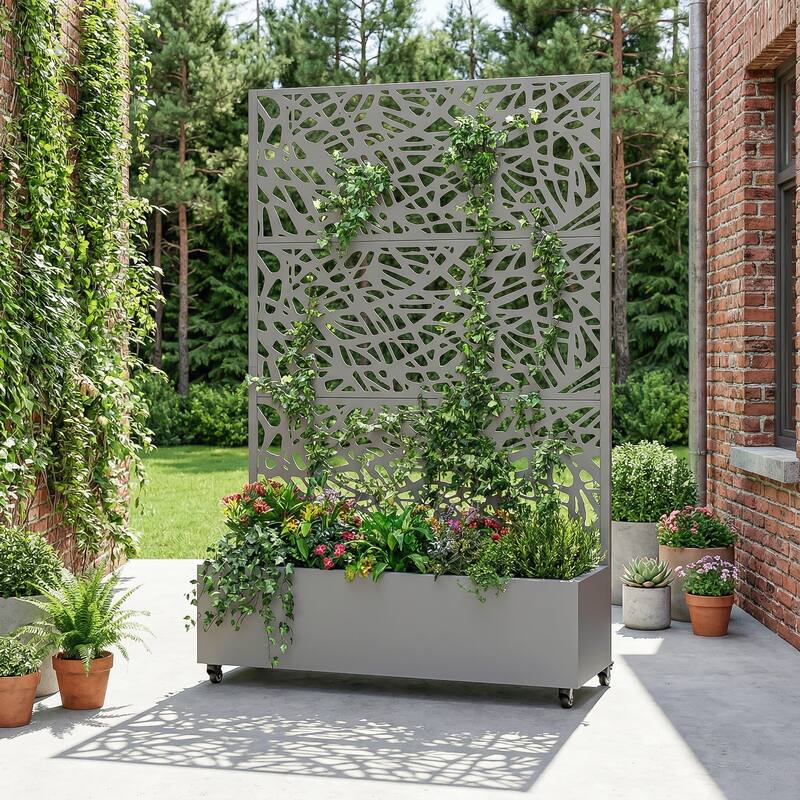 Metal Galvanized Planter Box with Trellis Privacy Screen Lockable Wheels