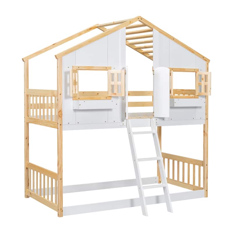 Twin Wood House Bunk Bed with Roof & Safety Guardrails