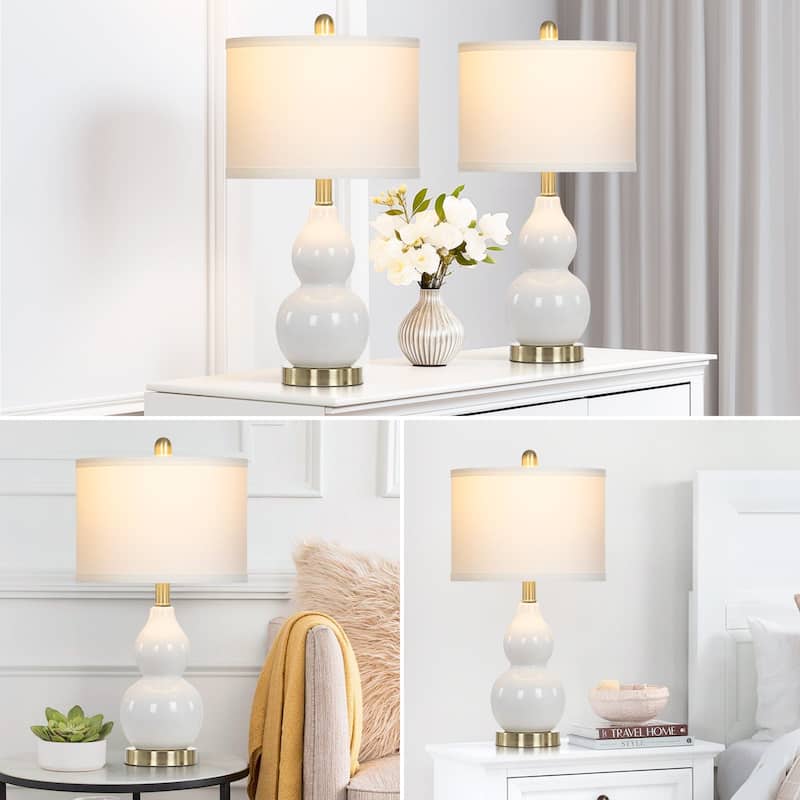 White Ceramic Table Lamps Gourd Lamp Body Drum Shade (Set of 2) - 11'' x 11'' x 22'' (L x W x H)