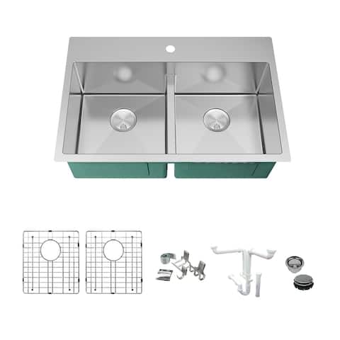 Diamond Sink Kit with Equal Double Bowls, Micro Dual Mount Installation, Magnetic Accessories Kit, and Drain Kit
