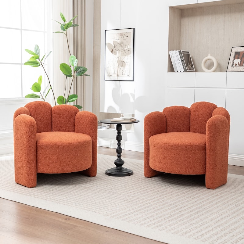 SEYNAR Modern Glam Teddy Fabric Upholstered Round Accent Chair with Flower Shaped Back Design Set of 2 - Orange