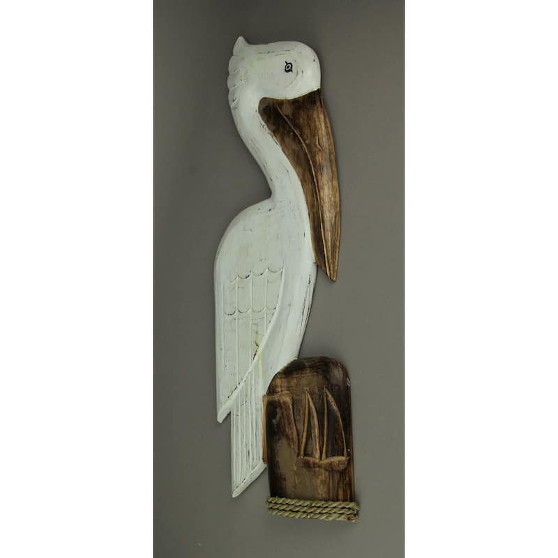 White Wood Coastal Pelican Perched On Nautical Piling Wall Sculpture