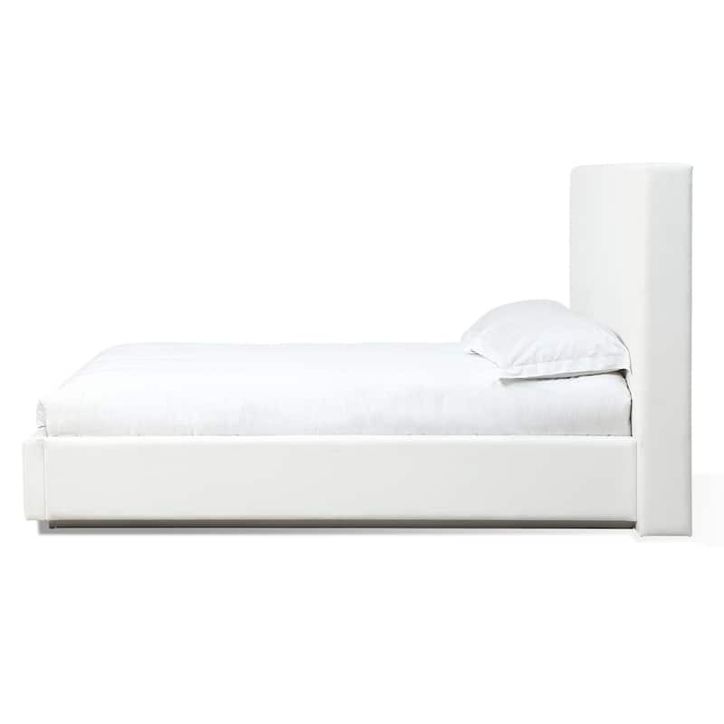 Uma King Size Platform Bed, Tall Panel Headboard, Cream Canvas Upholstery