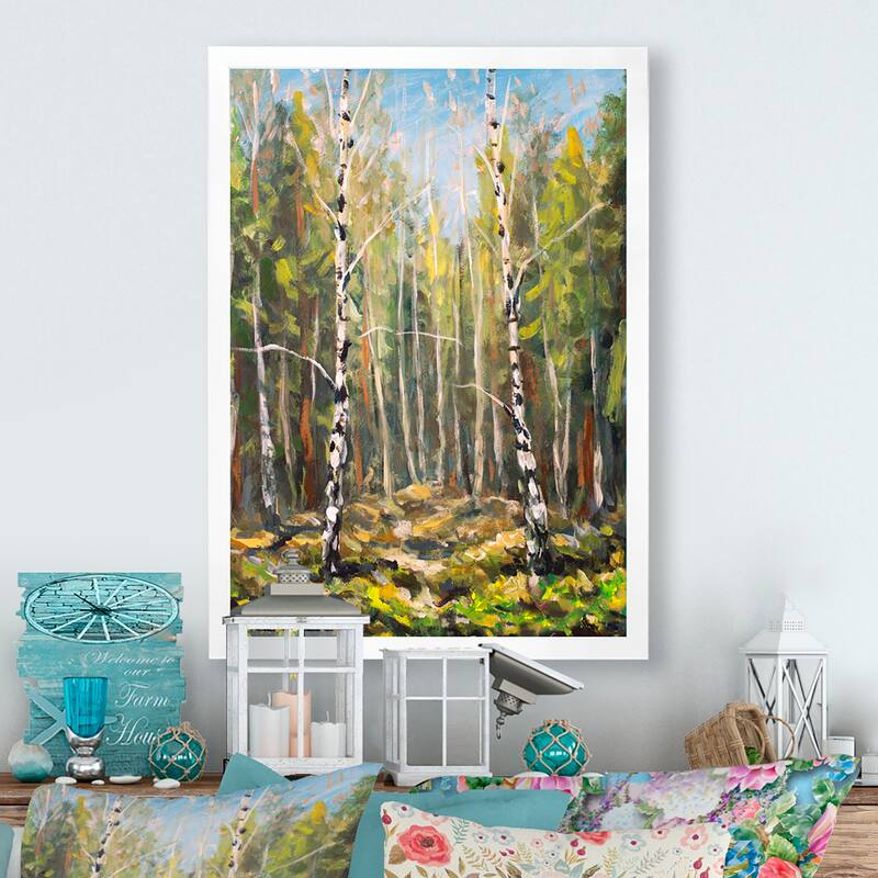 Designart "Green Forest Wood Landscape" Traditional Framed Wall Art - 16 In. Wide x 32 In. High - White
