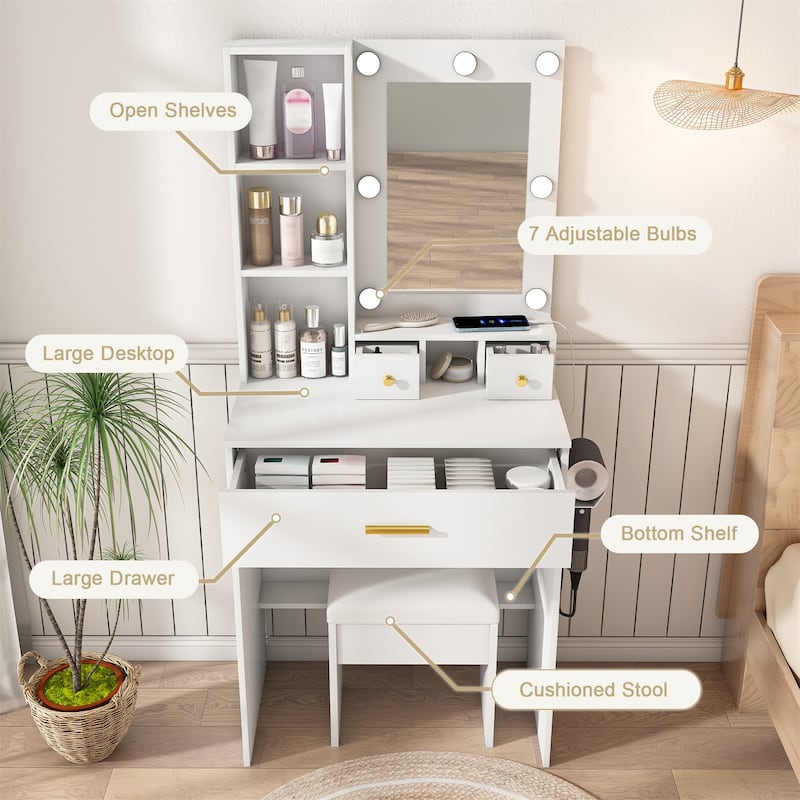 Vanity Table with Mirror & Adjustable LED Lights, Power Outlet, Hairdryer Holder & Stool