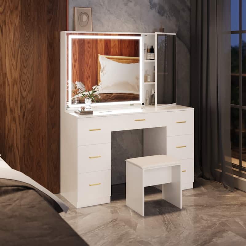 Vanity Set with Lighted Mirror,Extra Large Mirror Makeup Vanity Table with 7 Drawers,white