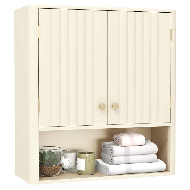 Gymax Bathroom Wall Cabinet w/Fluted Doors Adjustable Shelf Open - Beige