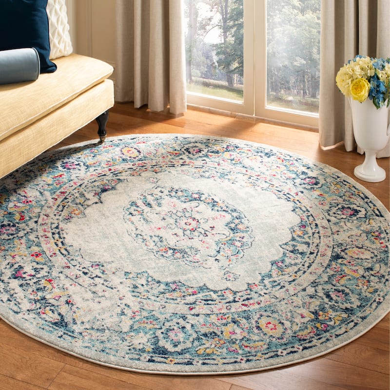 SAFAVIEH Madison Lorayne Vintage Boho Oriental Medallion Rug - 6'7" Round - Light Grey/Fuchsia