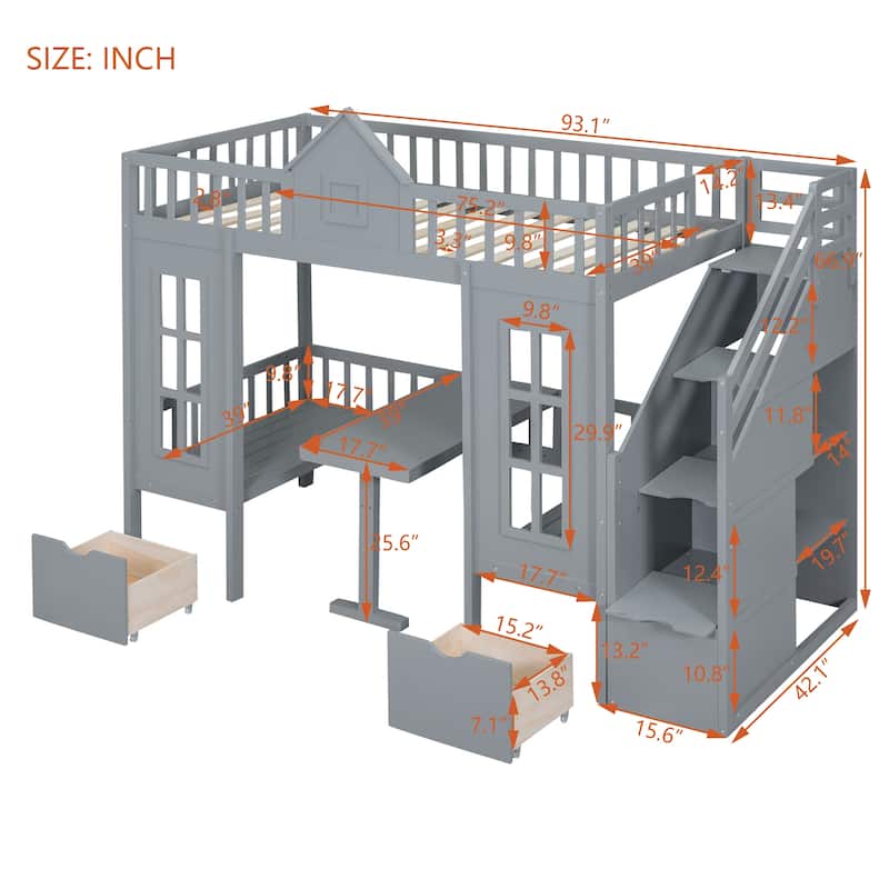Full Size Wooden Loft Bunk Bed with Table, Seats, and Storage Shelves
