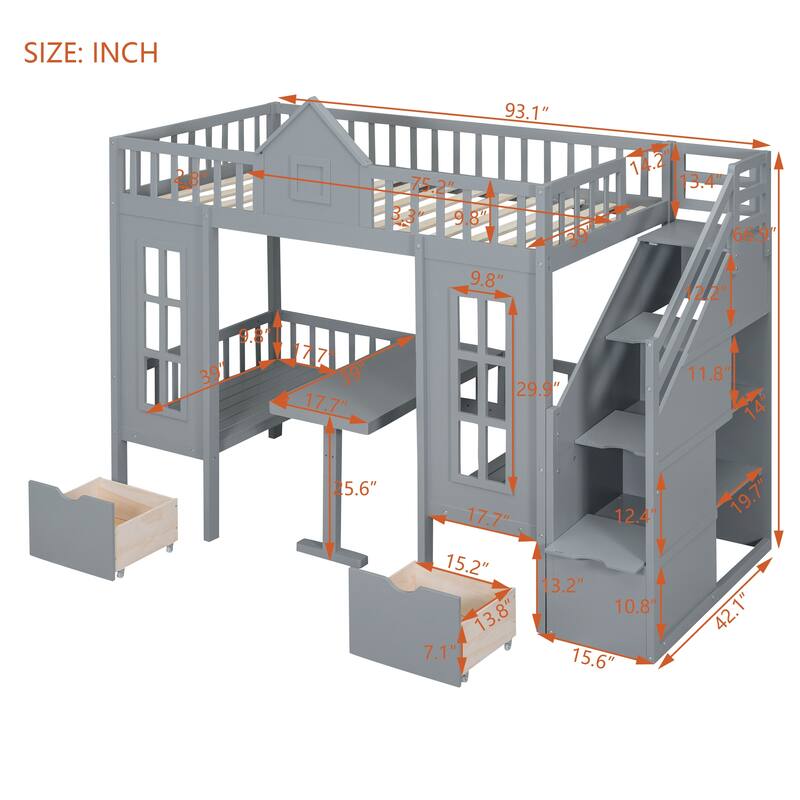 Twin Size Wooden Loft Bed with Separable Bed and Changeable Table