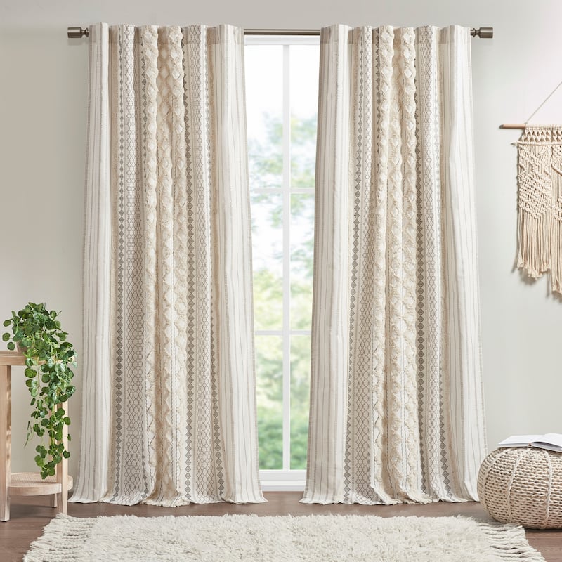 INK+IVY Imani Cotton Printed Curtain Panel with Chenille Stripe and Lining - 50x95" - Ivory