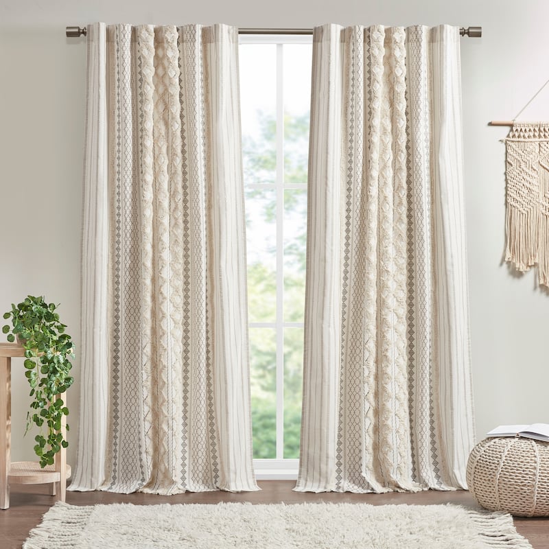 INK+IVY Imani Cotton Printed Single Curtain Panel with Chenille Stripe and Lining - 50x84" - Ivory