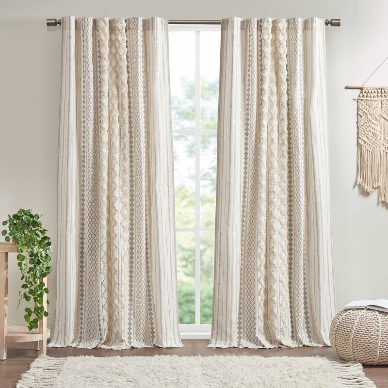 INK+IVY Imani Cotton Printed Curtain Panel with Chenille Stripe and Lining - 50x84" - Ivory