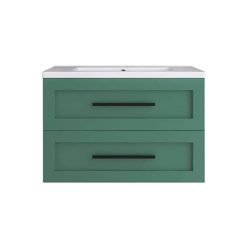 Wall-Mounted Bathroom Vanity in Green with White Ceramic Sink