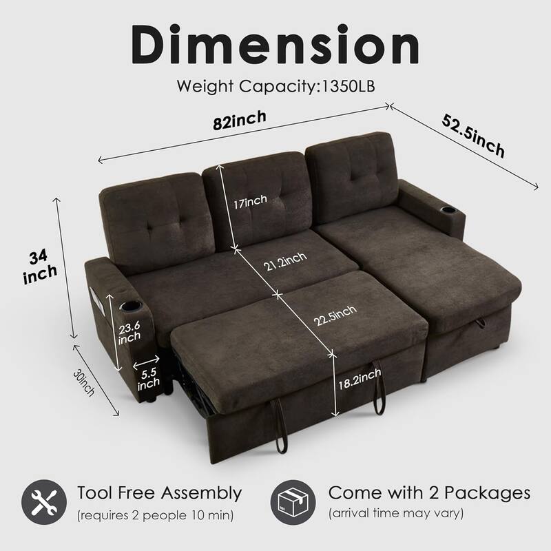Reversible Sectional Sofa Couch,Sleeper Sofa Bed with Storage Chaise Pull Out Couch for Living Room,USB Charge,Cup Holder