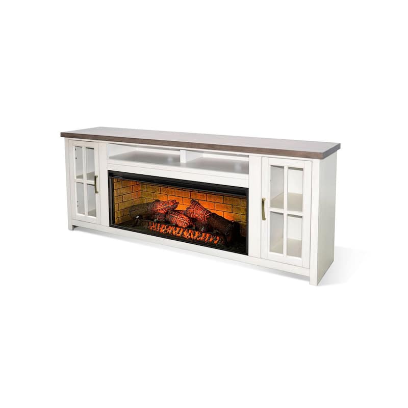 Gery TV Media Console w Log Fireplace, 76 Inch, 2 Cabinets, White
