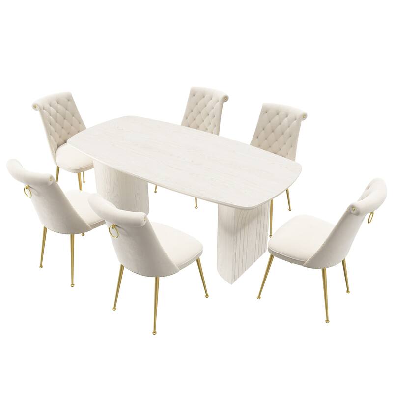 7-Piece Clihome Modern Wood Table Velvet Chair Dining Set