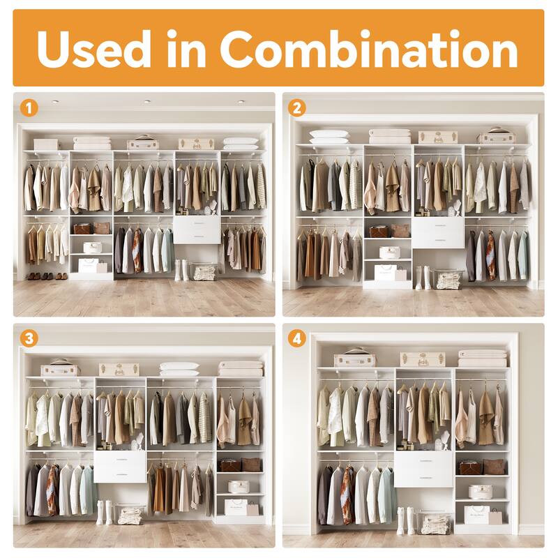 Closet System with 2 Sets, 154'' Walk-in Closet Organizer System with 2 Drawers & 8 Hanging Rods & 6 Reversible Shelf Towers