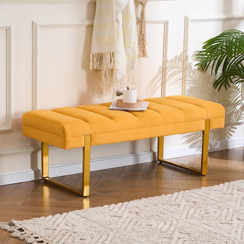 Upholstered Bedroom Bench Tufted Entryway Bench Modern End of Bed Bench Dining Bench with Gold/Black Metal Legs for Window