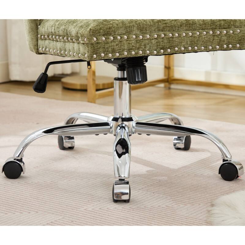 Chenille Upholstered Swivel Office Chair, Tufted Button Home Office Chair, Adjustable Vanity Chair with Metal Base