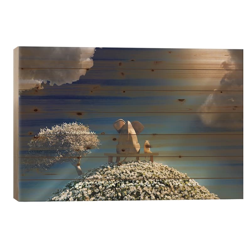 Elephant And Dog Sitting On A Spring Planet Print On Wood by Mike Kiev - Multi-Color - 18x26x1.5